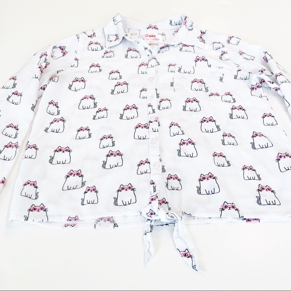 Justice Girl's Cats with Glasses Button & Tie Top - Picture 2 of 8